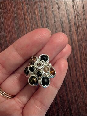 Handcrafted Multi-Stone Silver Cluster Ring in Black and Brown